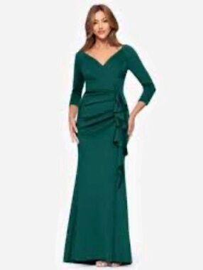 XSCAPE 3/4-Sleeve Ruffle Long Dress Green Maxi Dress